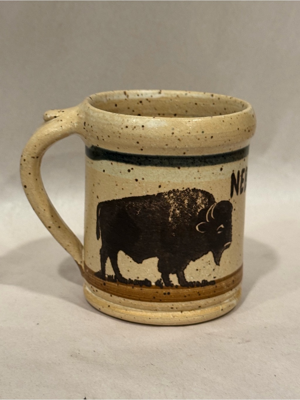 Vintage VTG Dakota Stoneware Pottery Mug  Cup Speckled Glaze Brown Bison Buffalo